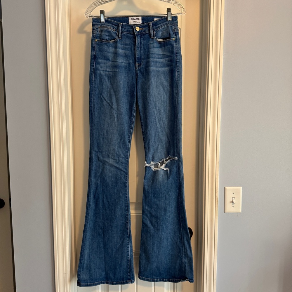 Frame Denim 28 Le High Flare Jeans ~ Mid Rise Distressed Boho Festival